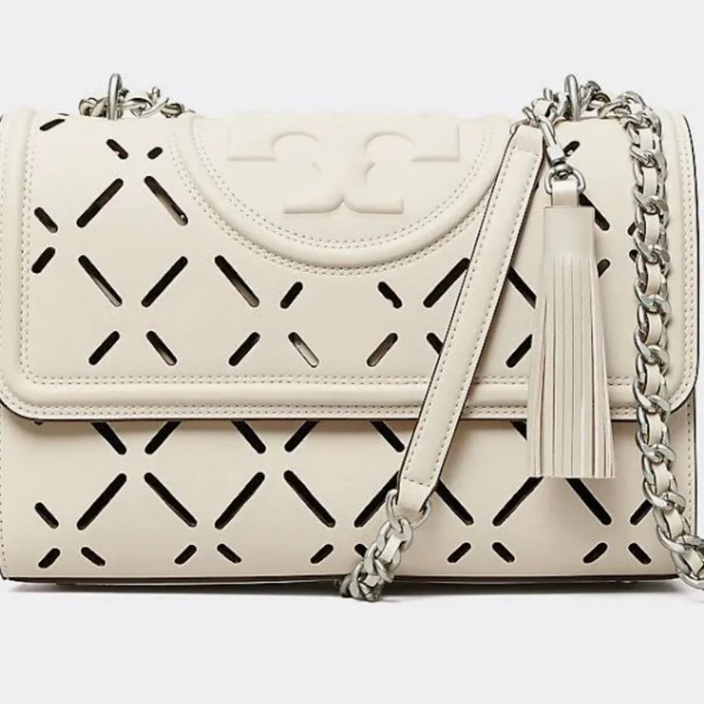 Tory Burch Fleming Diamond Perforated Convertible Shoulder Bag (White/Cream)